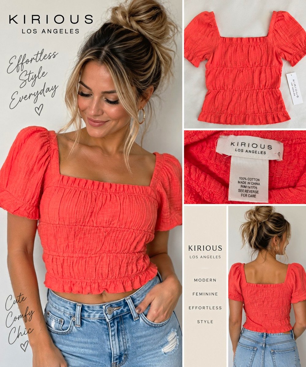 Kirious Los Angeles Women’s Coral Smocked Crop Top Puff Sleeve 100% Cotton NWT